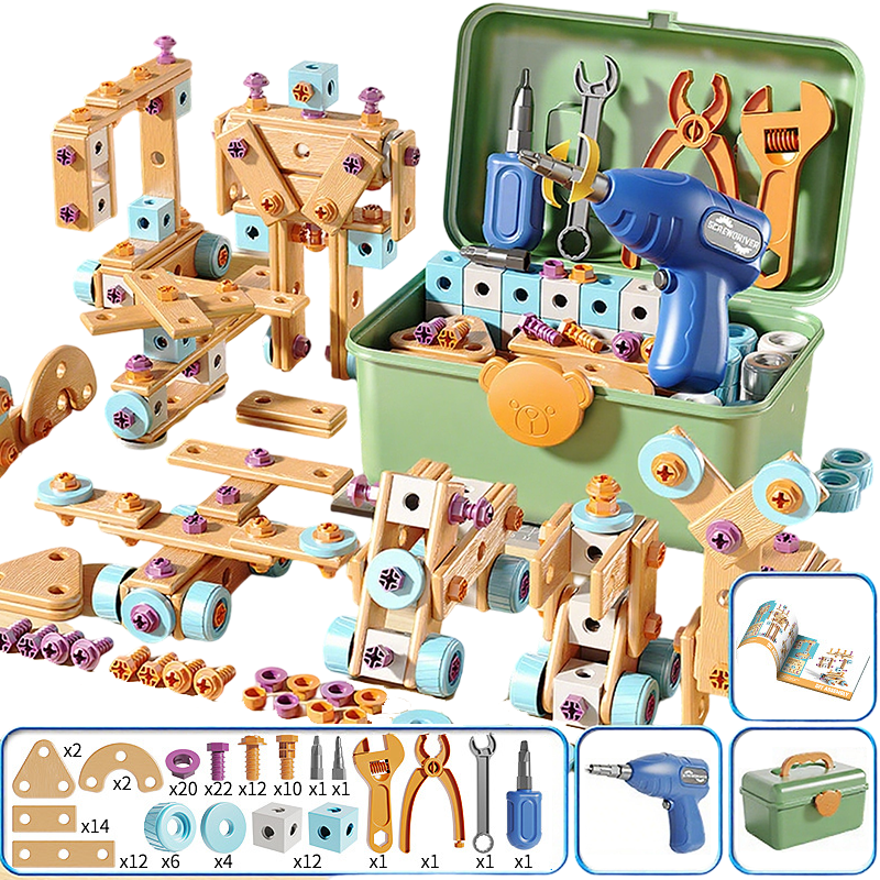 Kinder-Spielzeugwerkzeugset mit Zwei-Wege-Bohrmaschine, Aufbewahrungsbox und kreativen Baumöglichkeiten