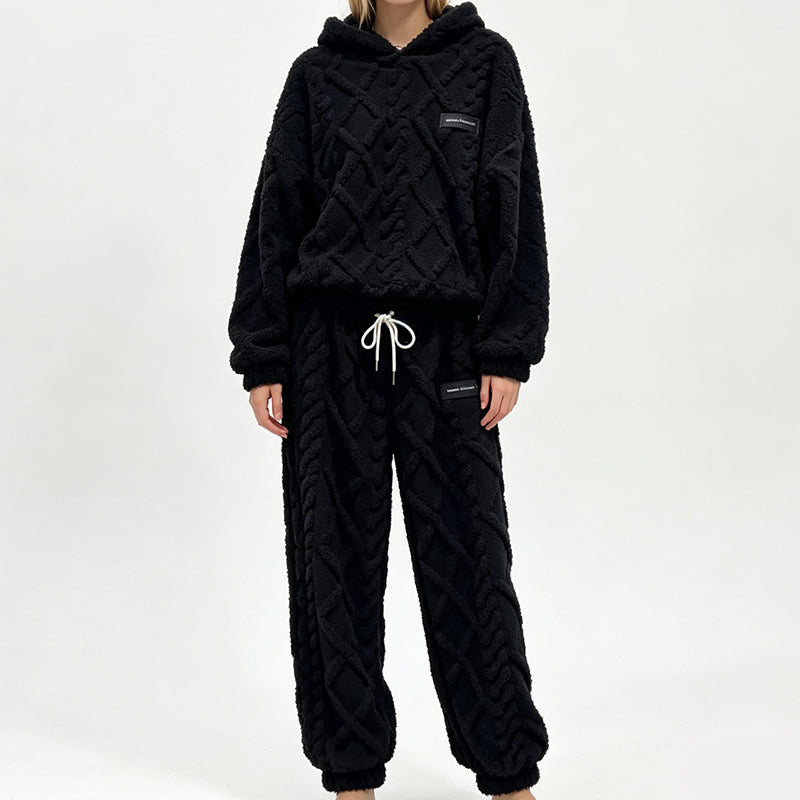 Damen Plüsch-strukturiertes Hoodie & Hose 2-teiliges Set