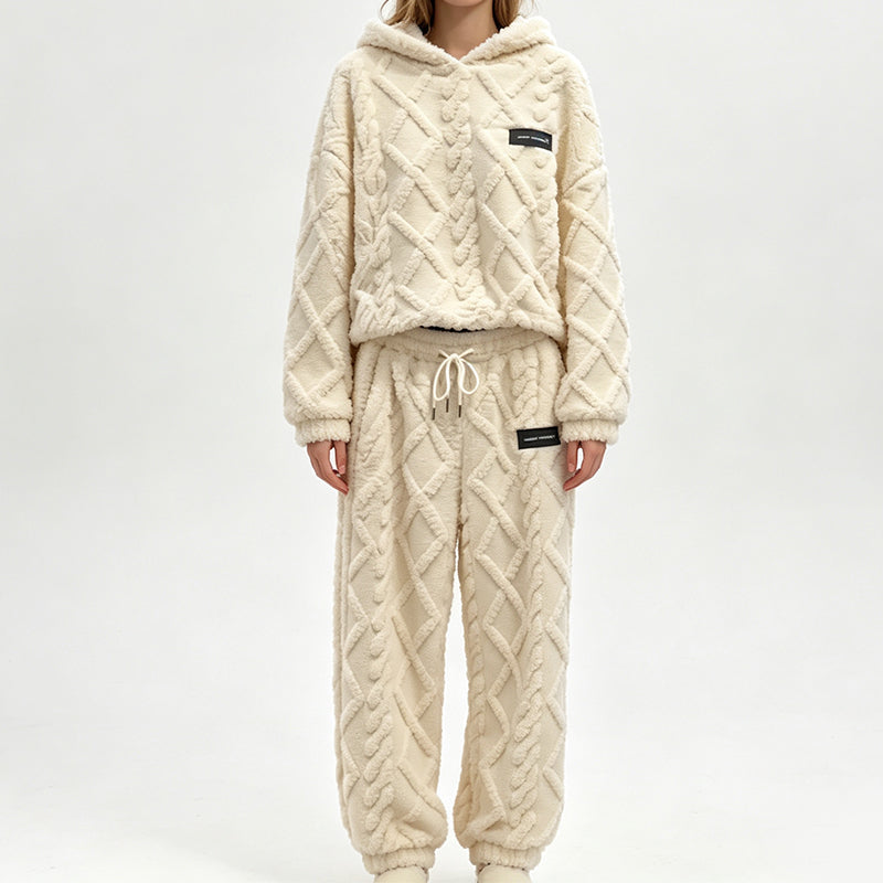 Damen Plüsch-strukturiertes Hoodie & Hose 2-teiliges Set