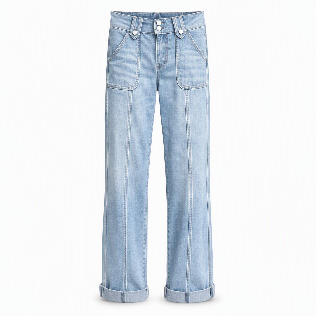 Damen High-Waist Doppelknopf Wide-Leg Jeans im Retro-Denim-Stil