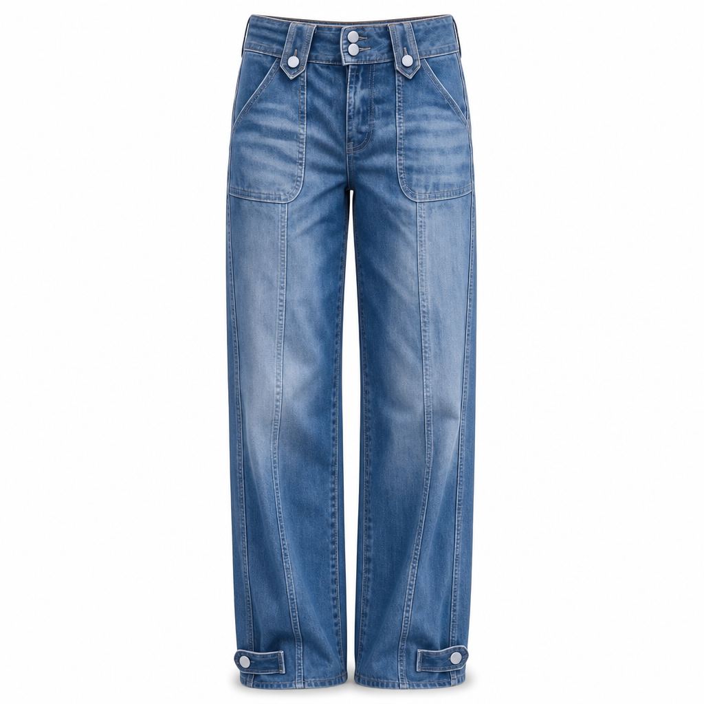 Damen High-Waist Doppelknopf Wide-Leg Jeans im Retro-Denim-Stil