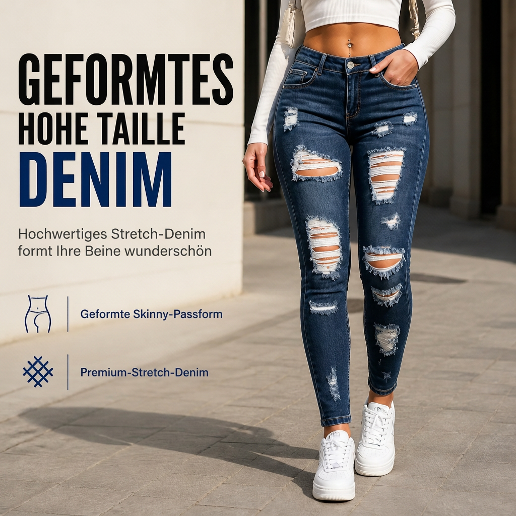 Damen High Waist Ripped Skinny Jeans, Destroyed Dehnbare Denim-Hose