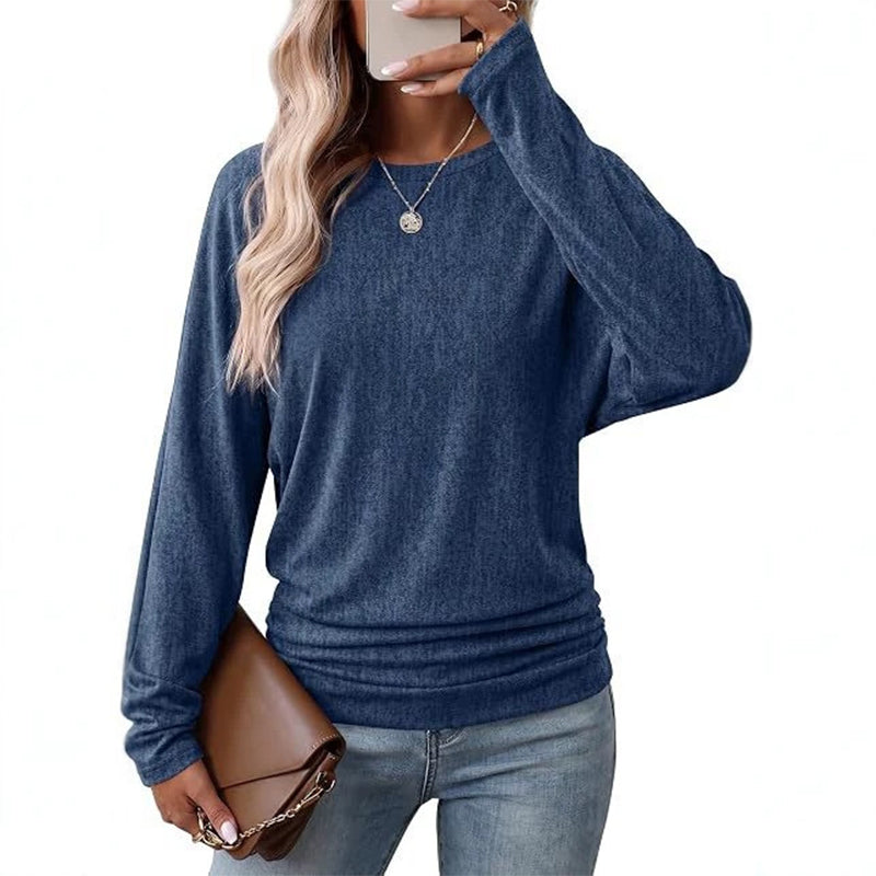 Lässiger lockerer Strickpullover mit Rundhalsausschnitt und langen Ärmeln für Damen, mit Dropped-Shoulder, Fledermausärmeln und gerafftem Design an den Seiten