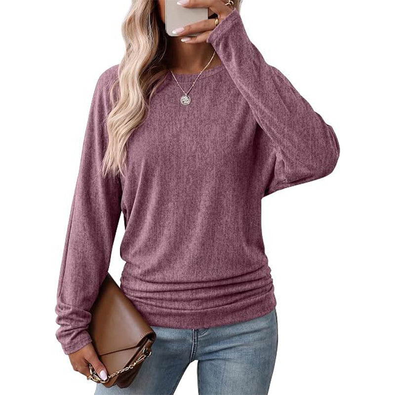 Lässiger lockerer Strickpullover mit Rundhalsausschnitt und langen Ärmeln für Damen, mit Dropped-Shoulder, Fledermausärmeln und gerafftem Design an den Seiten