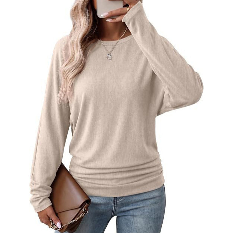Lässiger lockerer Strickpullover mit Rundhalsausschnitt und langen Ärmeln für Damen, mit Dropped-Shoulder, Fledermausärmeln und gerafftem Design an den Seiten
