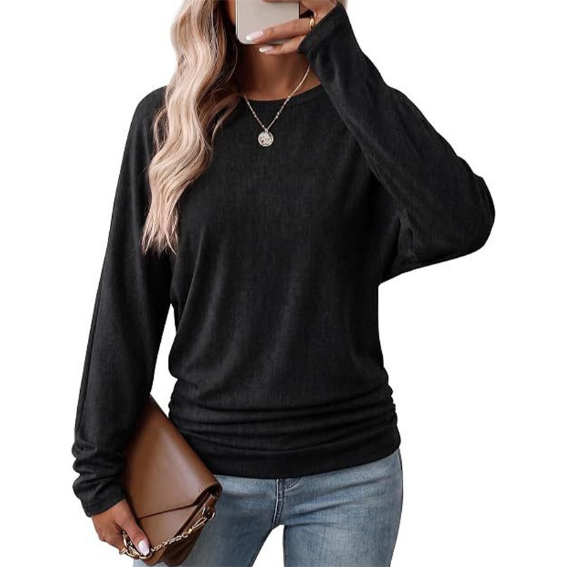 Lässiger lockerer Strickpullover mit Rundhalsausschnitt und langen Ärmeln für Damen, mit Dropped-Shoulder, Fledermausärmeln und gerafftem Design an den Seiten