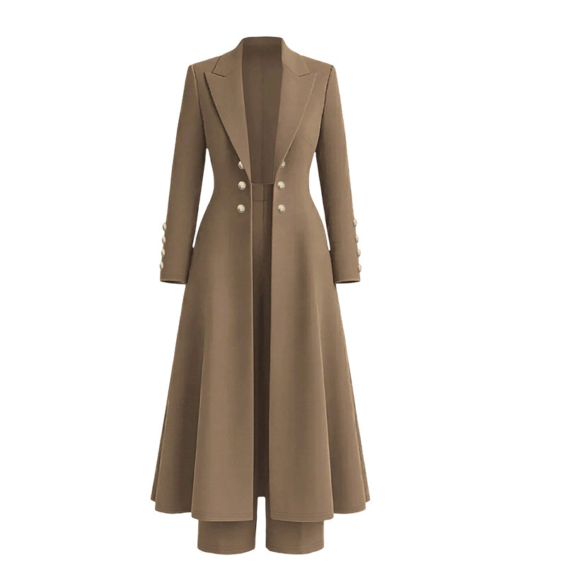 Elegantes Damen-Herbst-2-teiliges Outfit-Set mit Retro-Langarmmantel und einfacher Hose