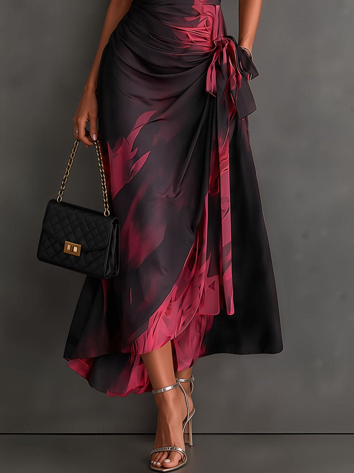 Braun Schwarz Abstraktes Print Wickel-Midikleid