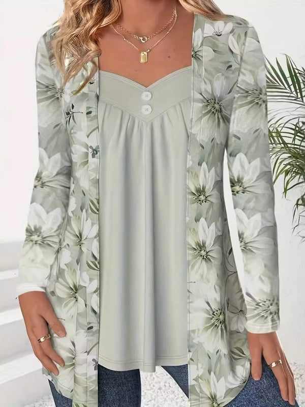 Fake Two Piece Blumenprint Patchwork Tops
