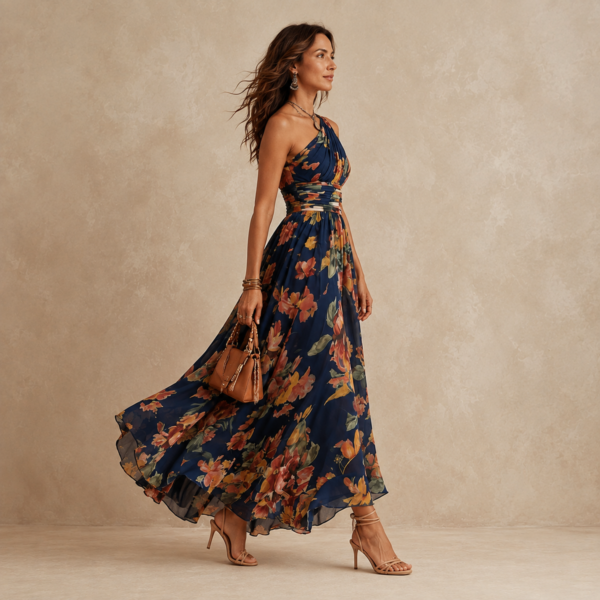 One-Shoulder Floral Maxi-Kleid