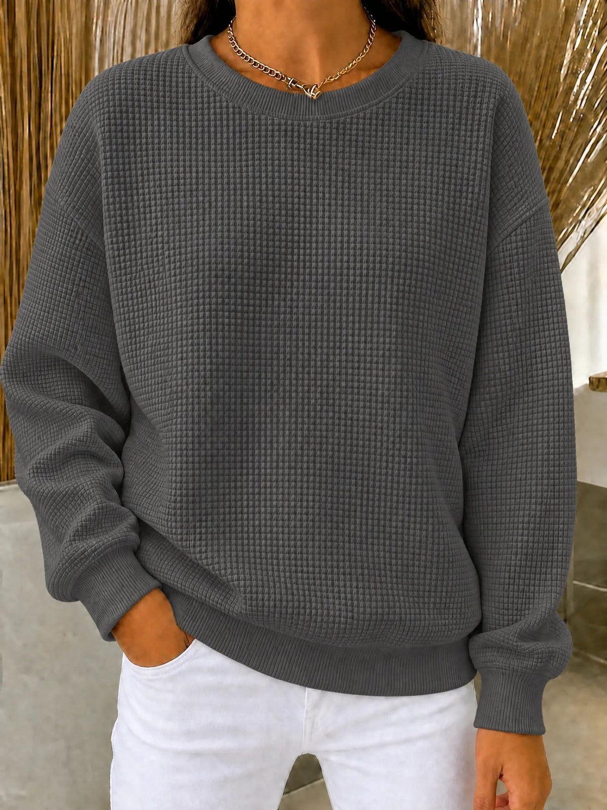 Damen Waffel-Strick Rundhals-Sweatshirt