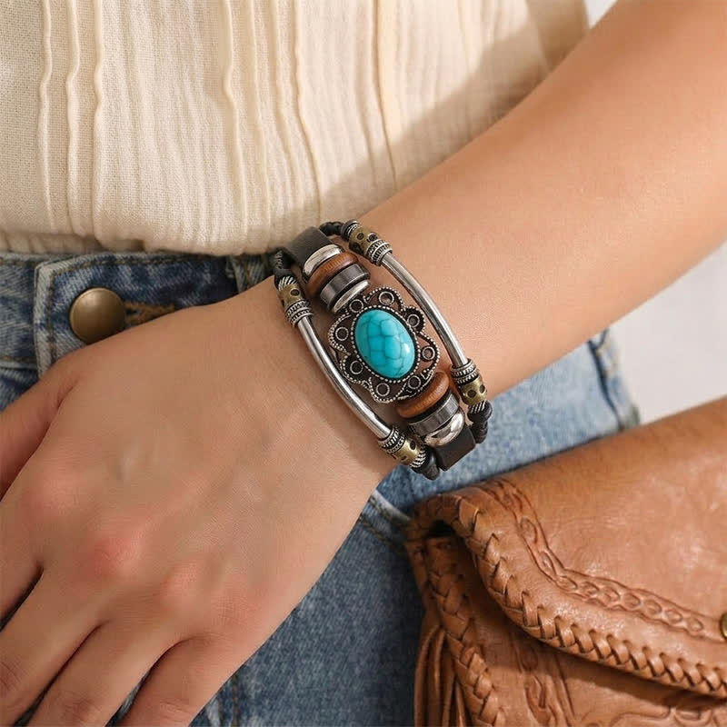 Handgeflochtenes Boho Türkis Charm Lederarmband