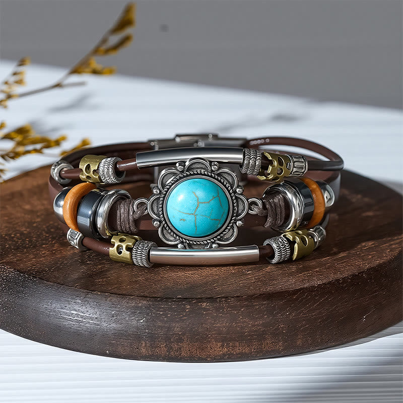 Handgeflochtenes Boho Türkis Charm Lederarmband