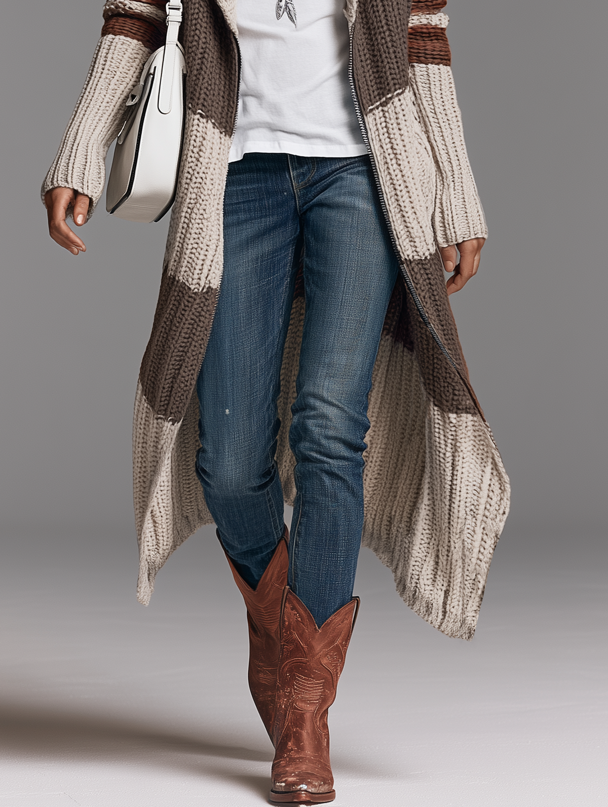 Damen Vintage Strickjacke mit Schalkragen und langem Reißverschluss