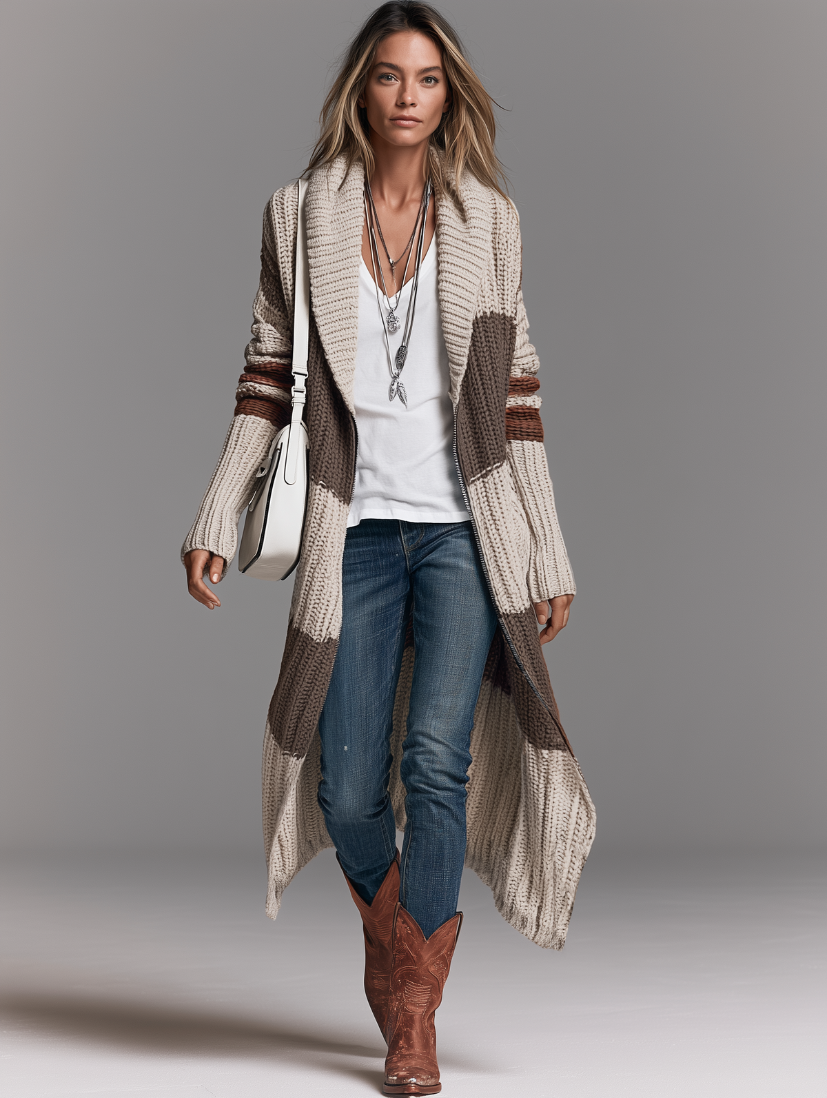 Damen Vintage Strickjacke mit Schalkragen und langem Reißverschluss
