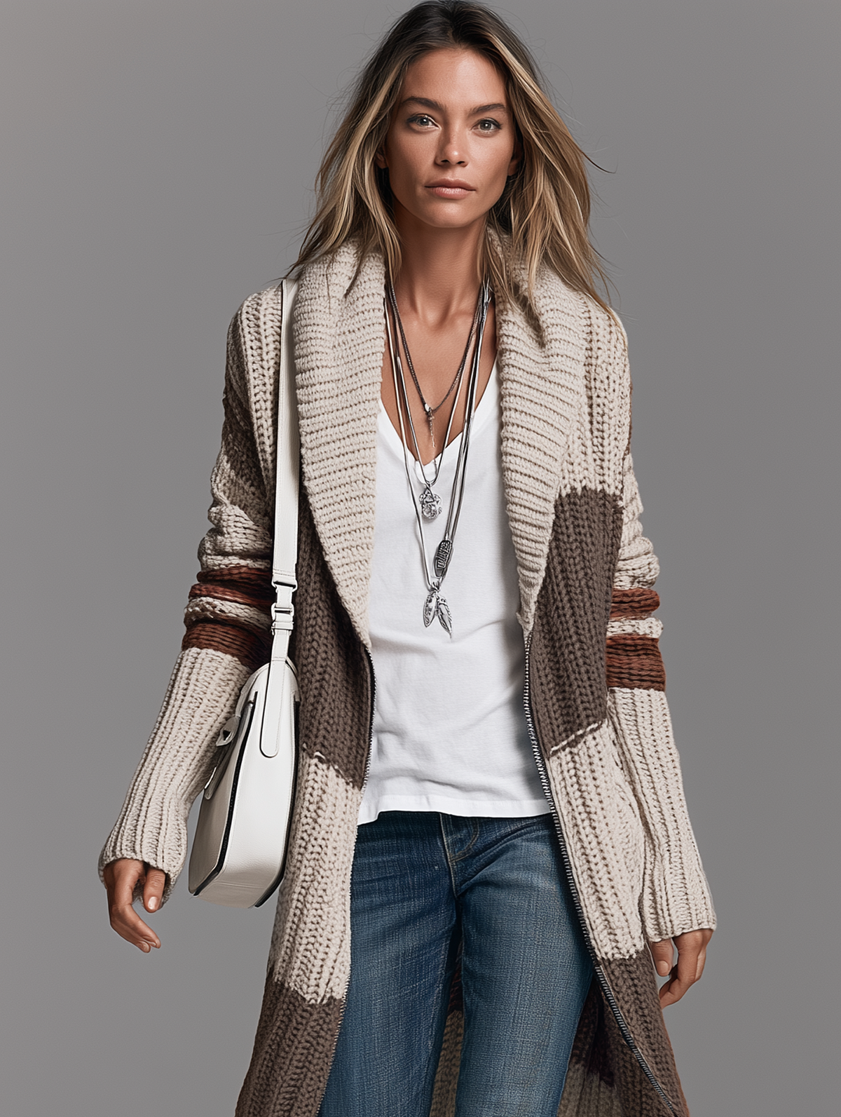Damen Vintage Strickjacke mit Schalkragen und langem Reißverschluss