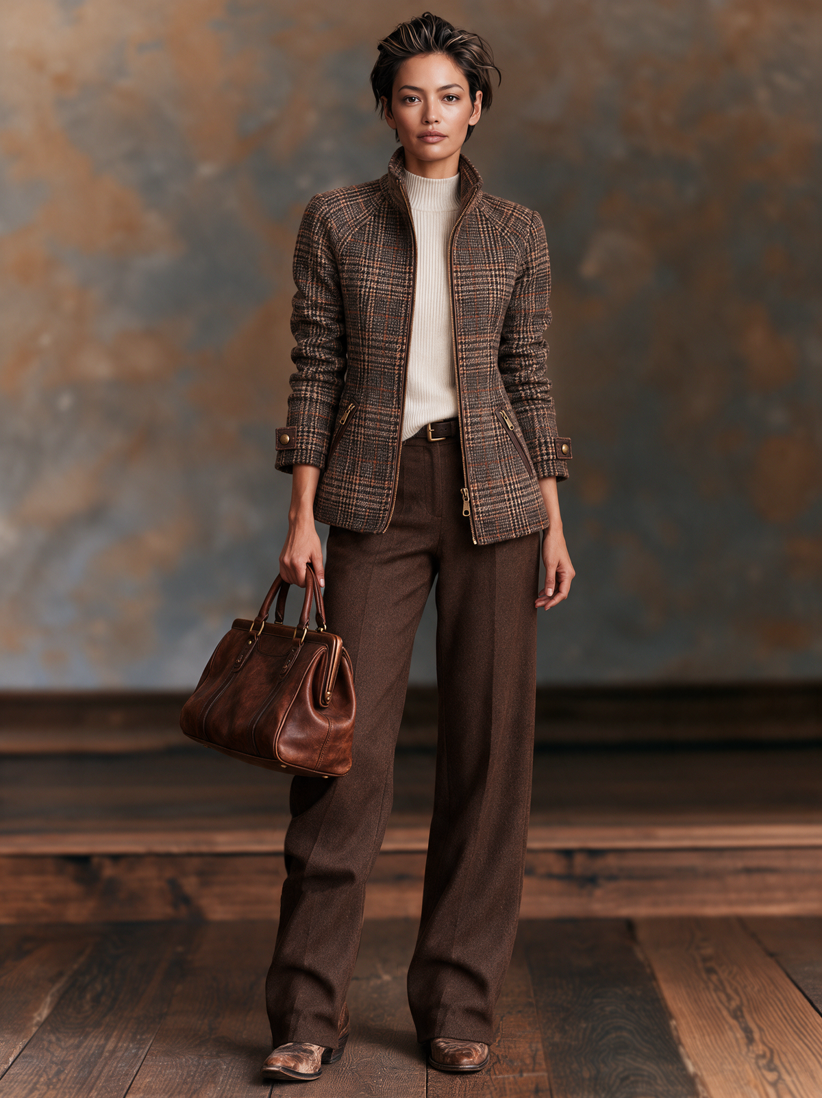 Damen Vintage Karierte Woll-Mix Jacke mit Reißverschluss und Stehkragen