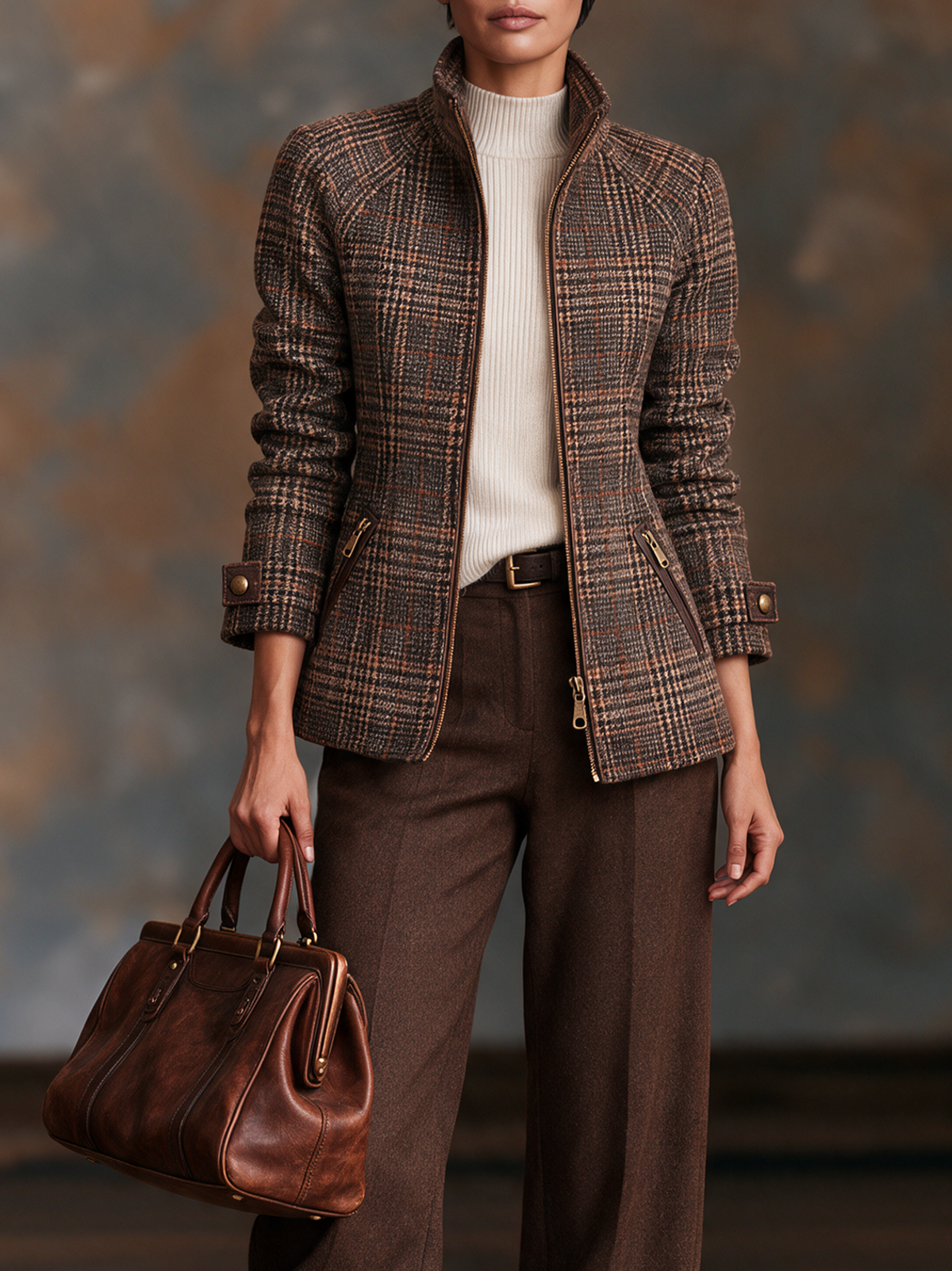 Damen Vintage Karierte Woll-Mix Jacke mit Reißverschluss und Stehkragen