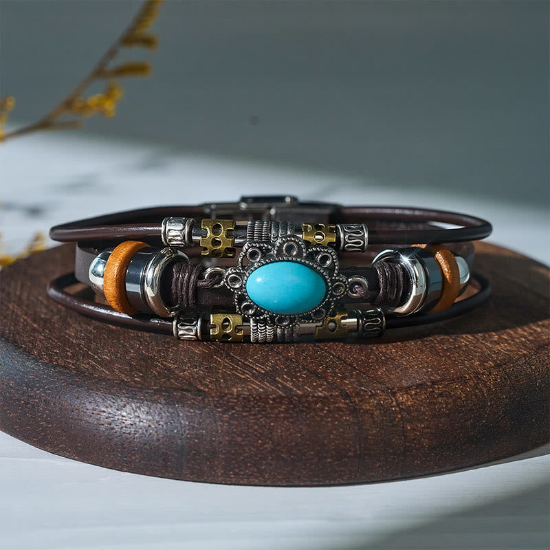 Handgeflochtenes Boho Türkis Charm Lederarmband