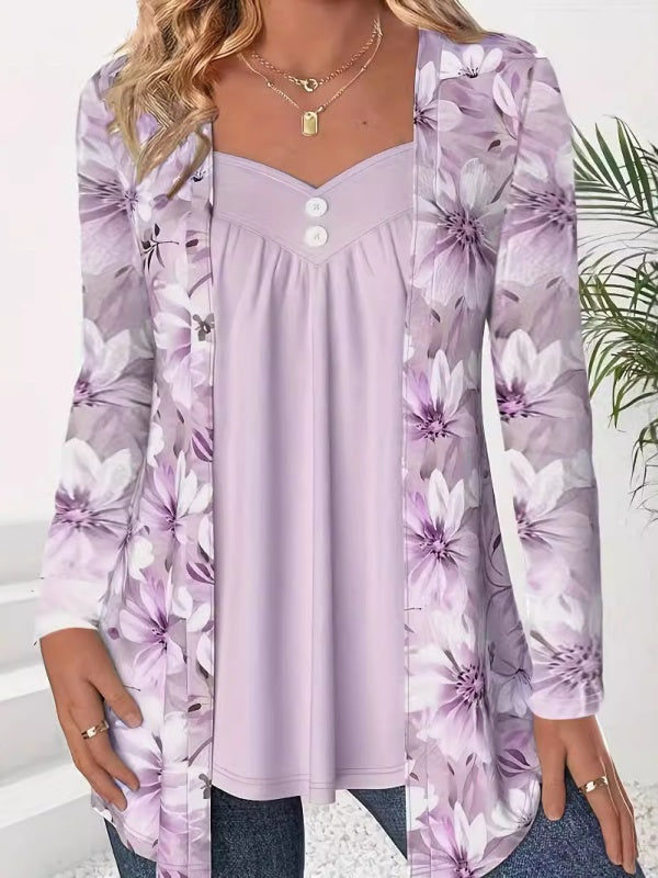 Fake Two Piece Blumenprint Patchwork Tops