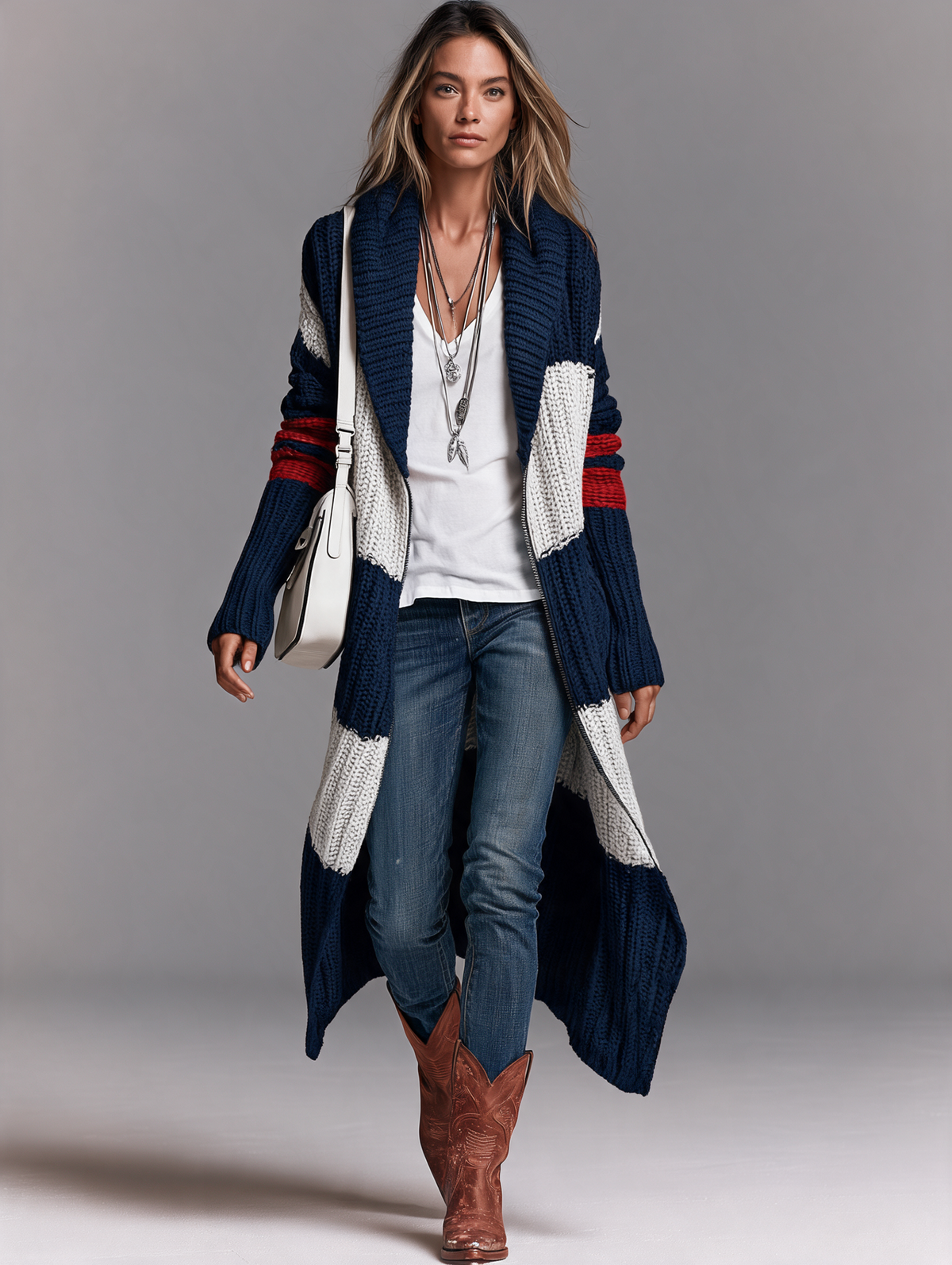 Damen Vintage Strickjacke mit Schalkragen und langem Reißverschluss