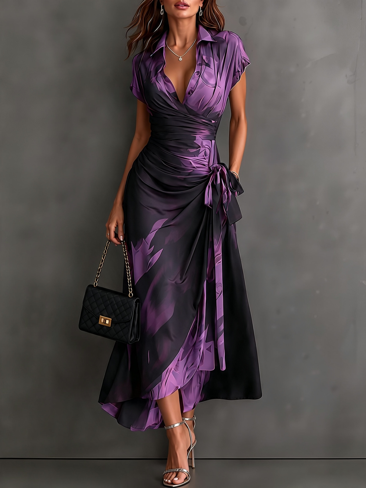 Braun Schwarz Abstraktes Print Wickel-Midikleid