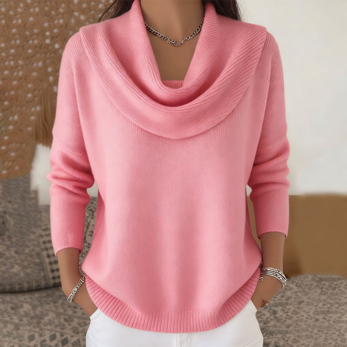 2026 Herbst/Winter Einfarbiger Pullover mit langen Ärmeln und elegantem Ausschnitt