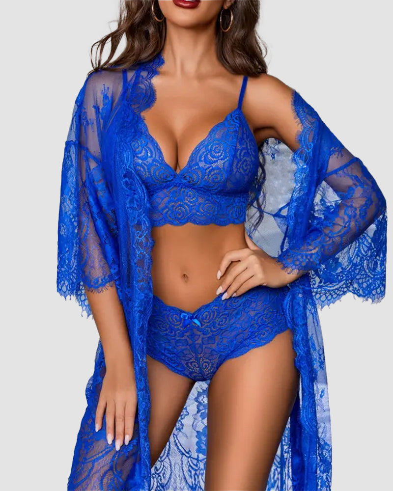 3-teiliges transparentes Dessous-Set aus floraler Spitze