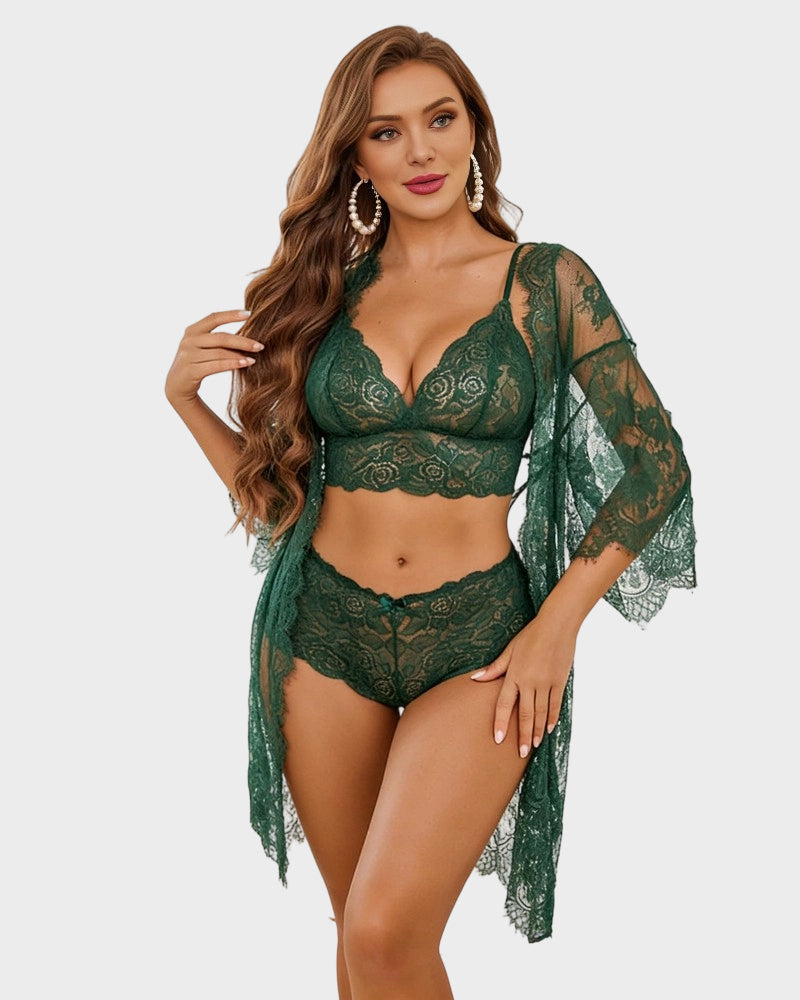 3-teiliges transparentes Dessous-Set aus floraler Spitze