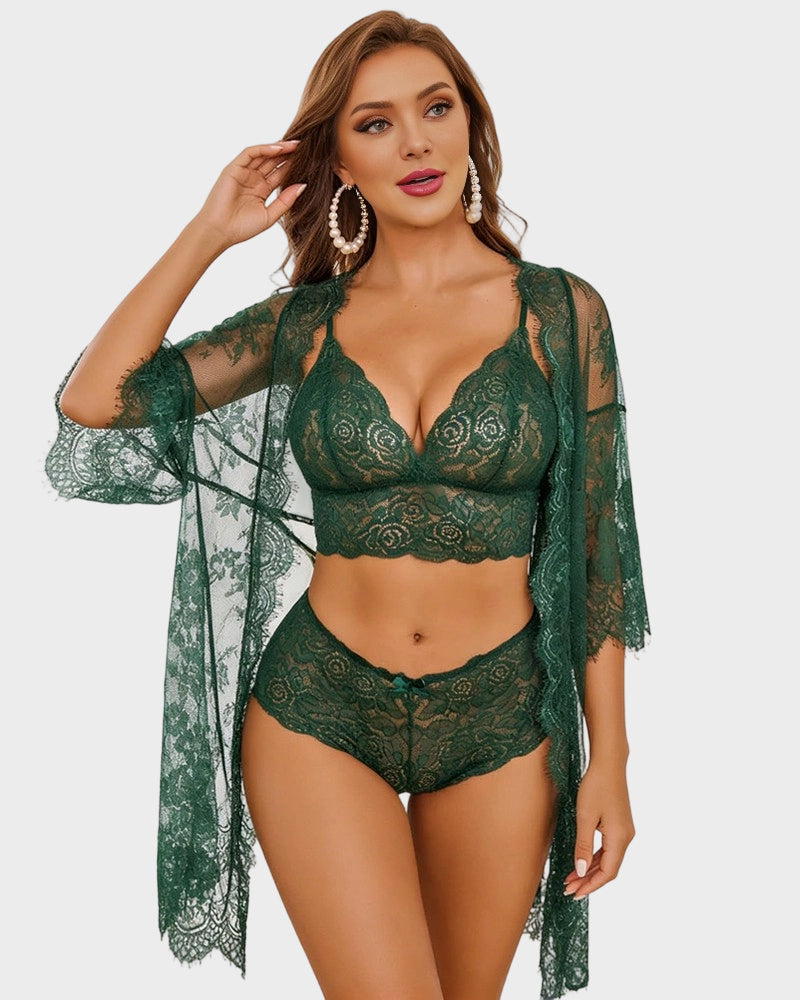 3-teiliges transparentes Dessous-Set aus floraler Spitze