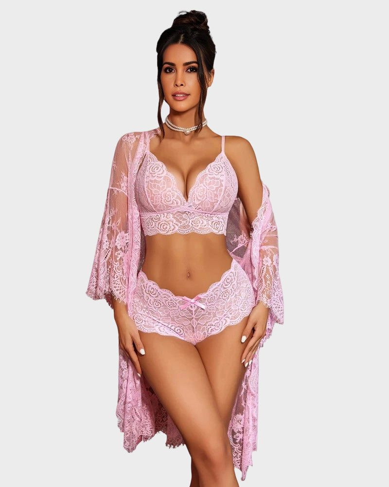 3-teiliges transparentes Dessous-Set aus floraler Spitze