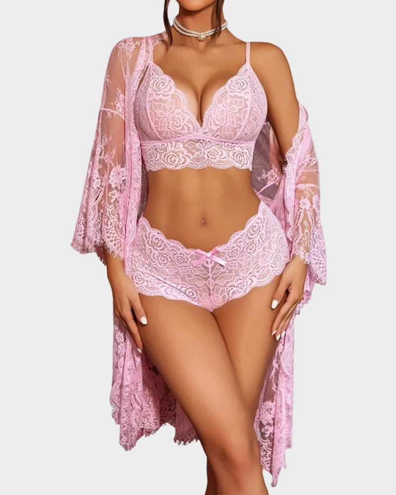3-teiliges transparentes Dessous-Set aus floraler Spitze