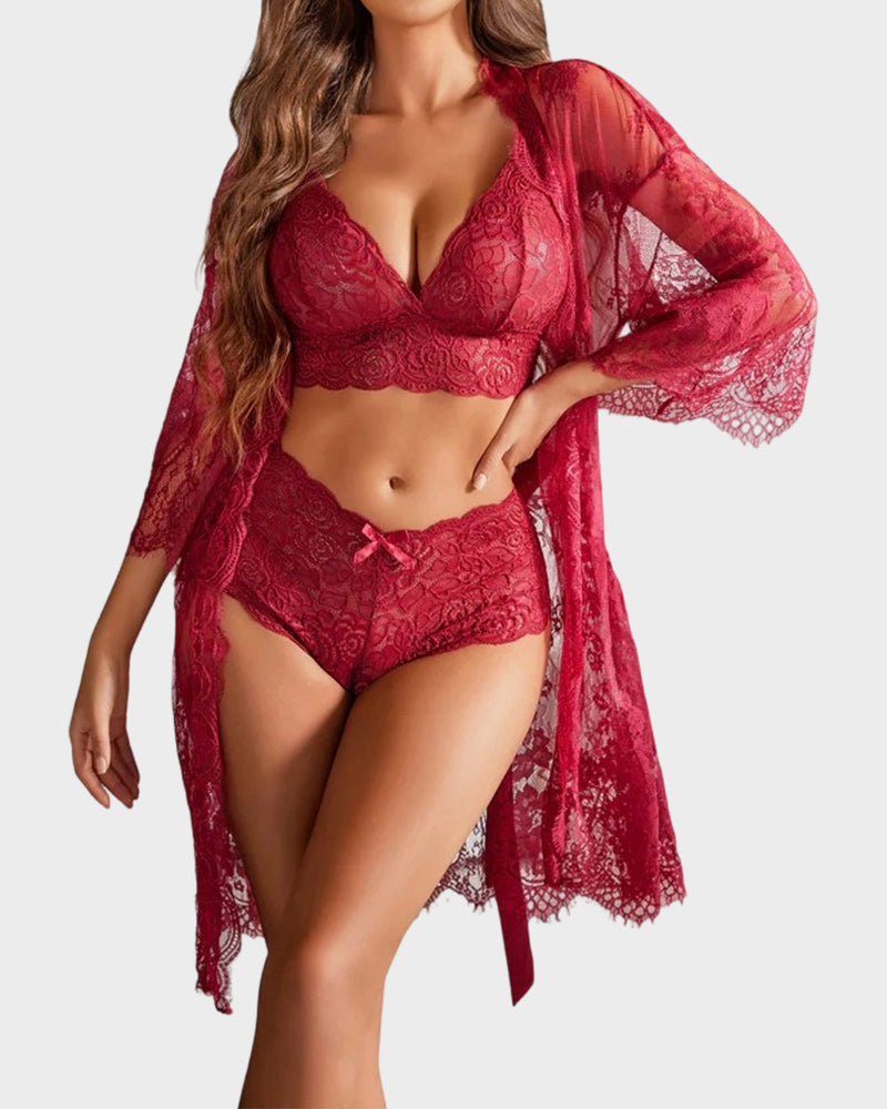 3-teiliges transparentes Dessous-Set aus floraler Spitze