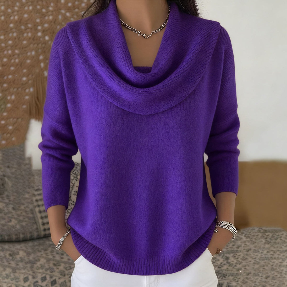 2026 Herbst/Winter Einfarbiger Pullover mit langen Ärmeln und elegantem Ausschnitt