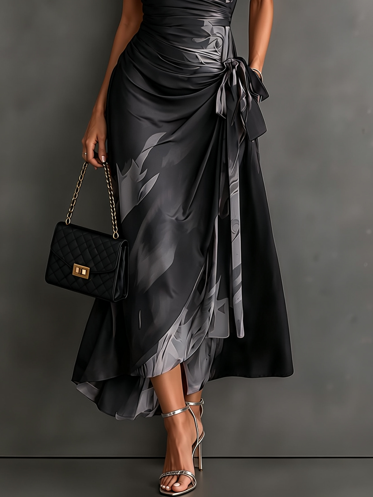 Braun Schwarz Abstraktes Print Wickel-Midikleid