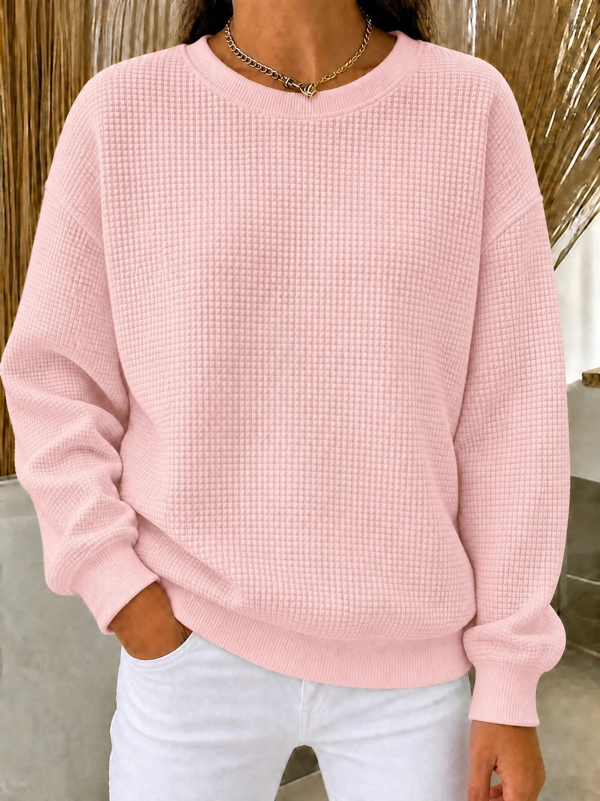 Damen Waffel-Strick Rundhals-Sweatshirt