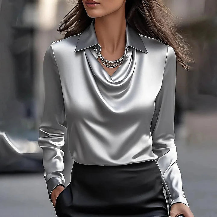 Satinbluse mit Langen Ärmeln und Wasserfallkragen für Damen