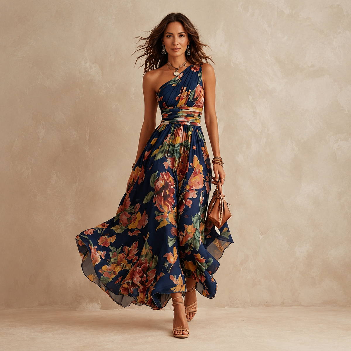 One-Shoulder Floral Maxi-Kleid