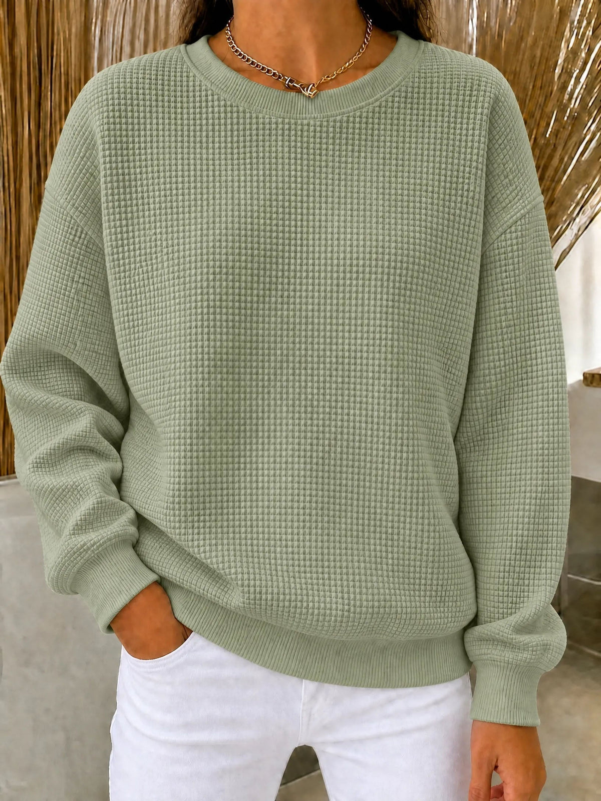 Damen Waffel-Strick Rundhals-Sweatshirt