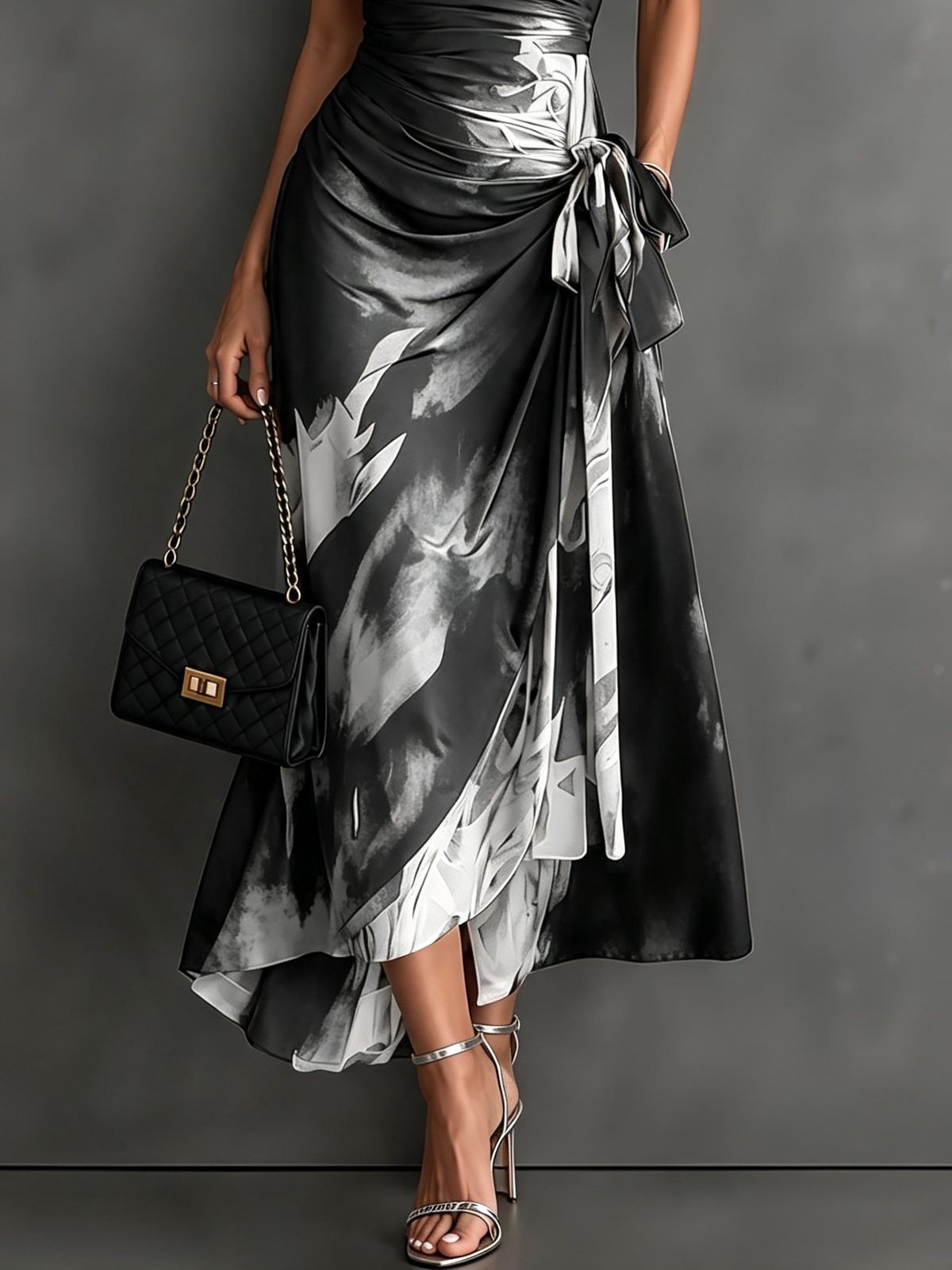 Braun Schwarz Abstraktes Print Wickel-Midikleid