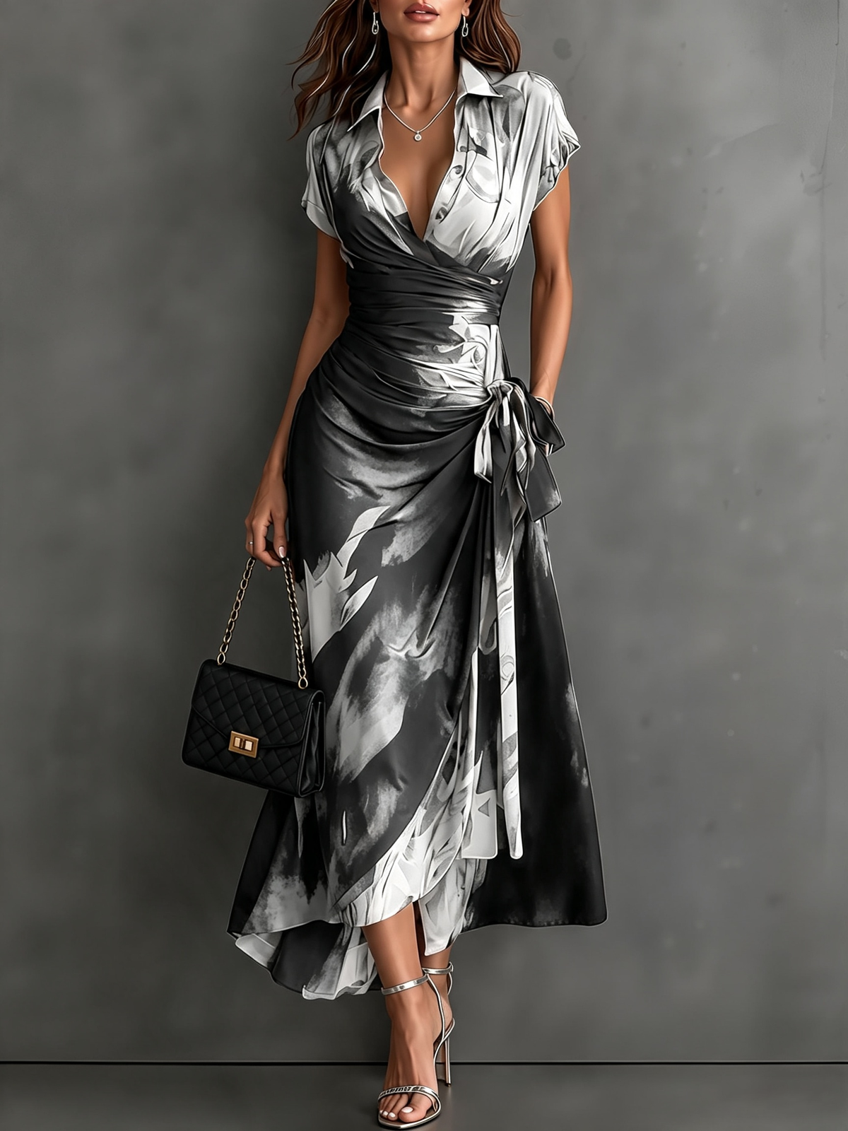 Braun Schwarz Abstraktes Print Wickel-Midikleid