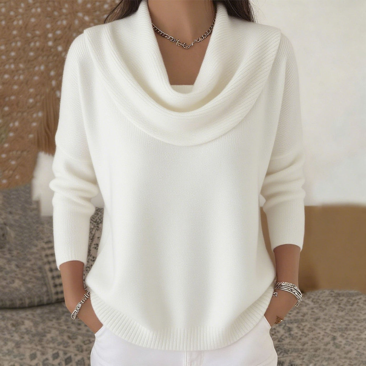 2026 Herbst/Winter Einfarbiger Pullover mit langen Ärmeln und elegantem Ausschnitt