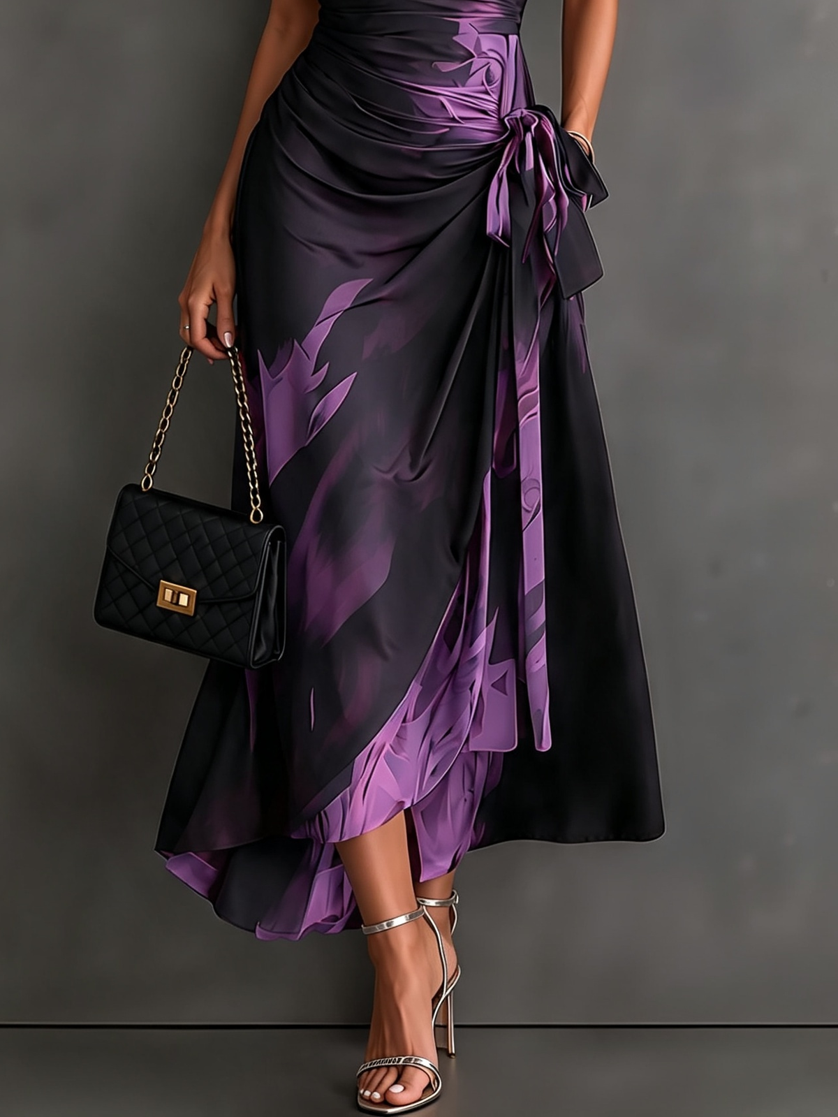 Braun Schwarz Abstraktes Print Wickel-Midikleid