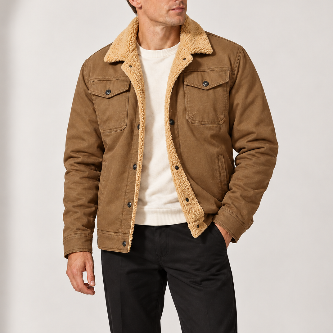 Herren-Truckerjacke mit Sherpa-Futter, Fleece-Kragen und Brusttaschen