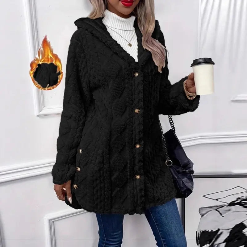 Damen Kapuzen Doppelseitige Fleece Strickjacke Langarm Lässig Warm Oberbekleidung