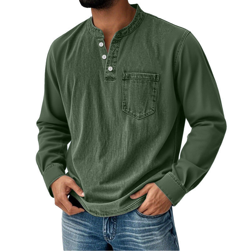 Herren-Jeanshemd mit langem Ärmel, V-Ausschnitt und Brusttasche