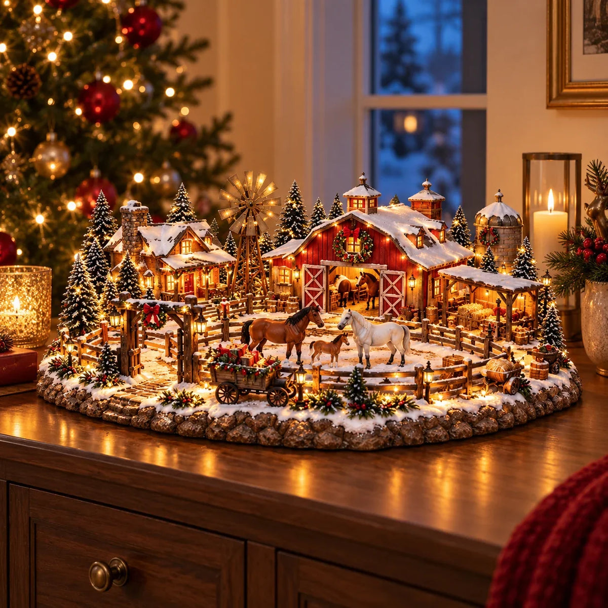 Weihnachtliches Pferdestall-Dorf – Beleuchtete Reitszene für die Feiertage