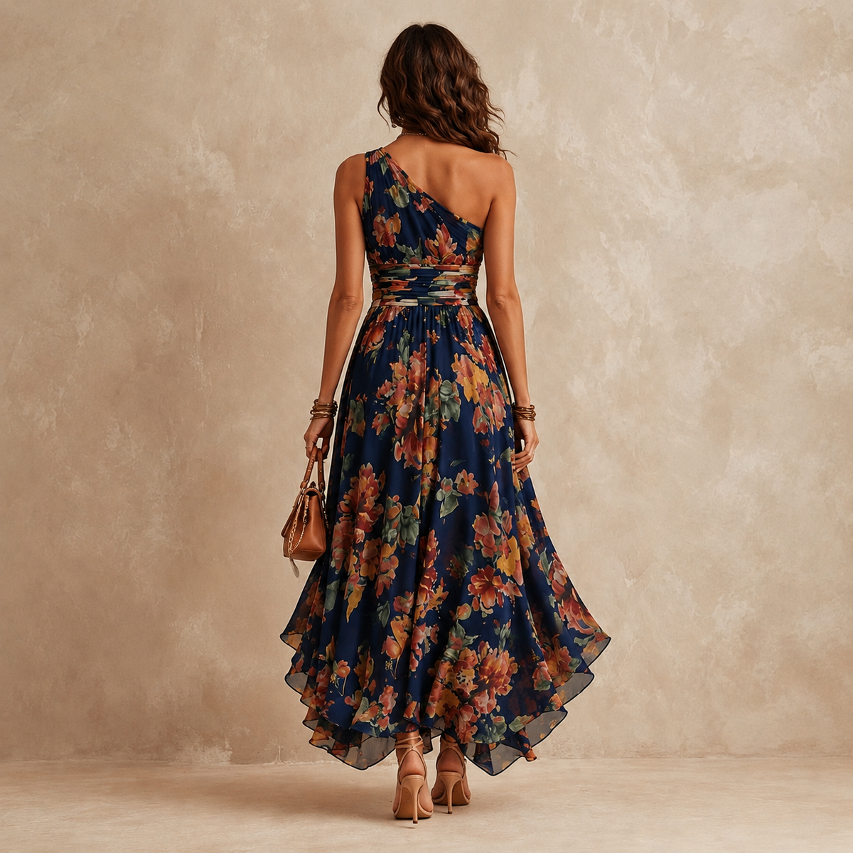One-Shoulder Floral Maxi-Kleid
