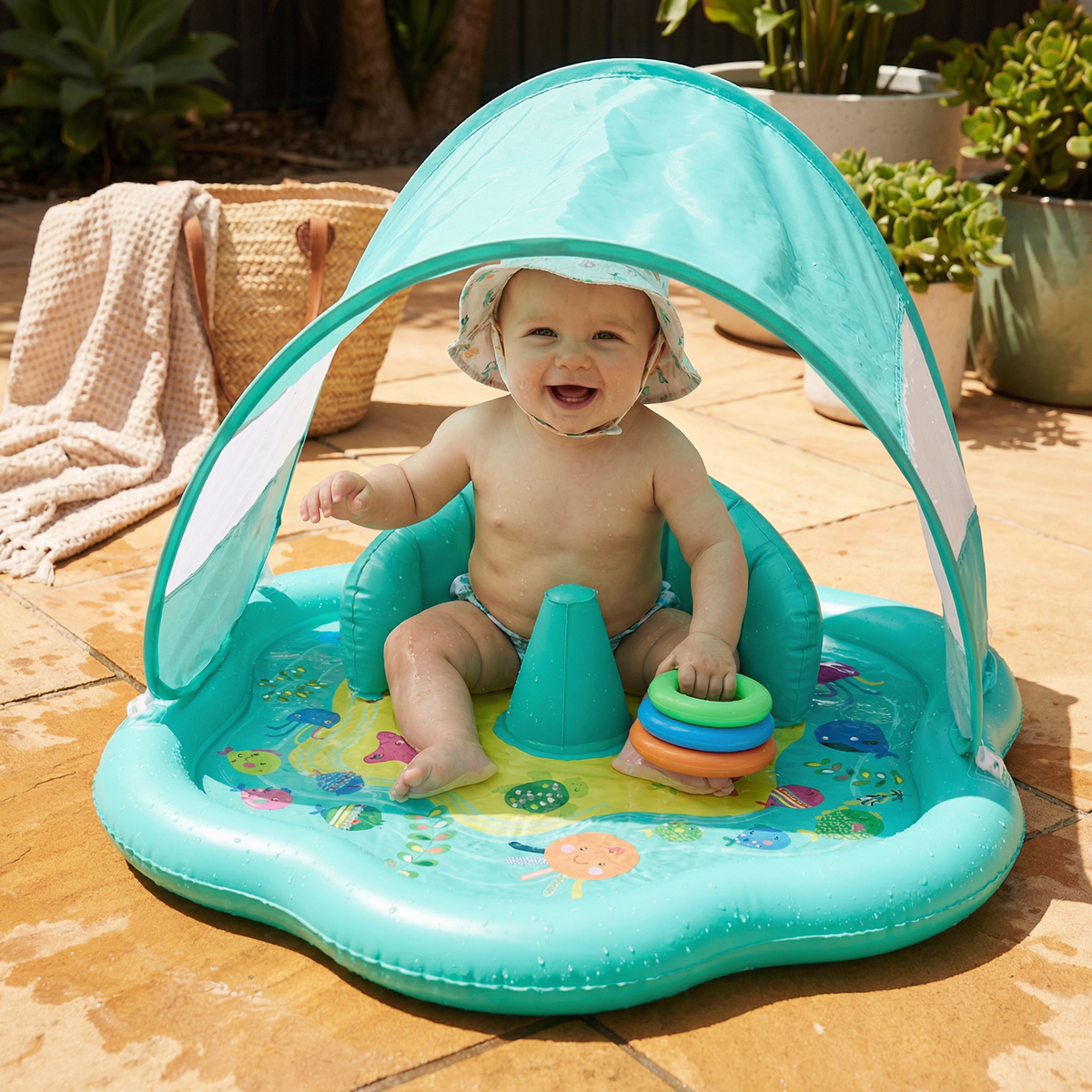Aufblasbares Baby-Planschbecken mit Sonnendach – Wasserspiel & Sonnenschutz für Kleinkinder