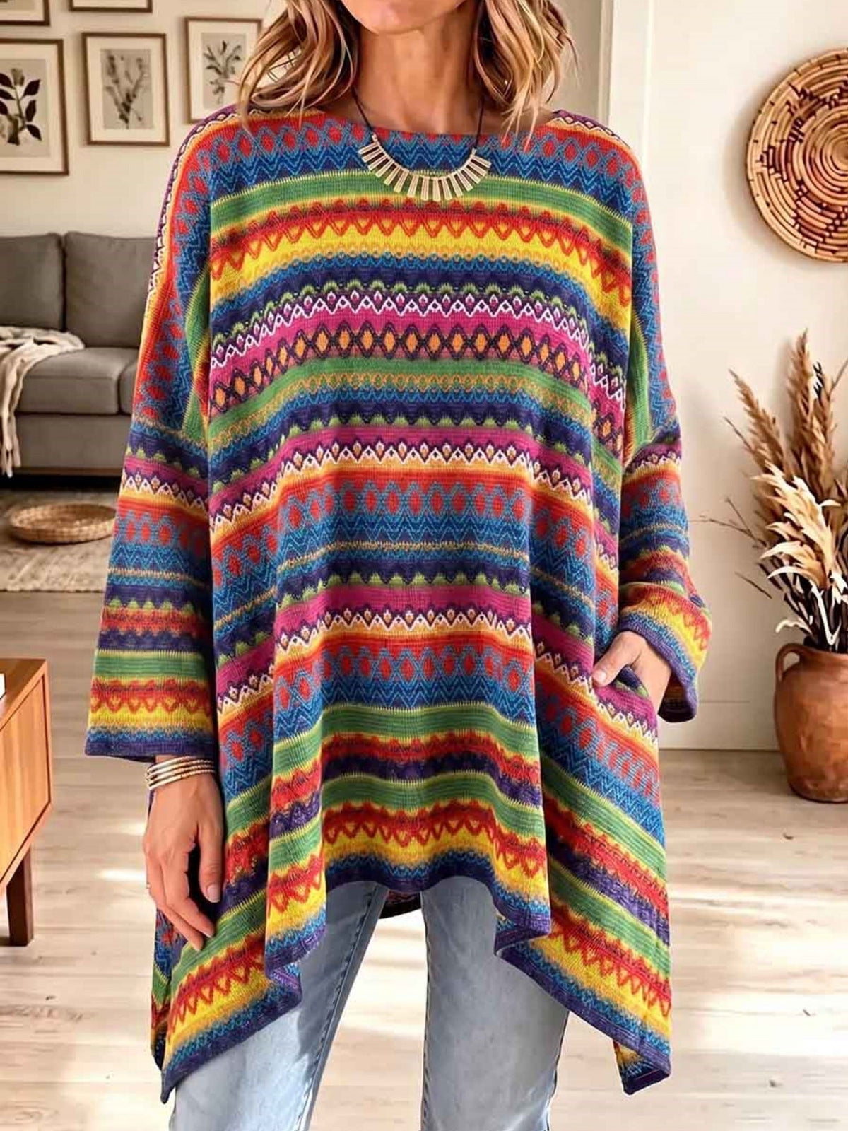 Boho Geometrisches Oversized Strick-Top